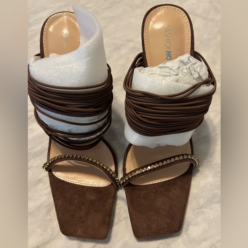 Brown Strappy Heeled Mules